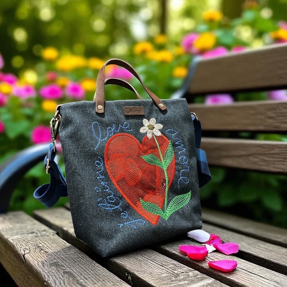 Brighton Multi Red Heart and Flower Embroidered 2-Way Top Handle Sling Bag - Picture 1 of 7
